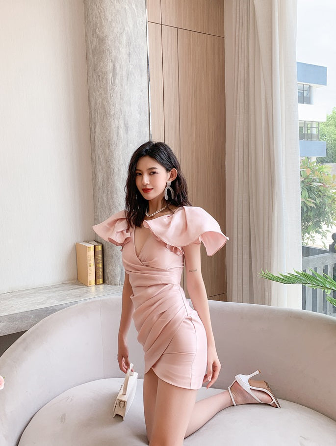 DOLLY Elegant V-Neck Short Flying Sleeve Hip Wrap Short Dinner Date Dress-KELA