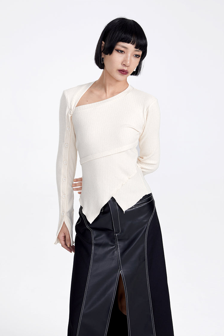 TINY IN button sleeve asymmetric knit women's black top-TAKA