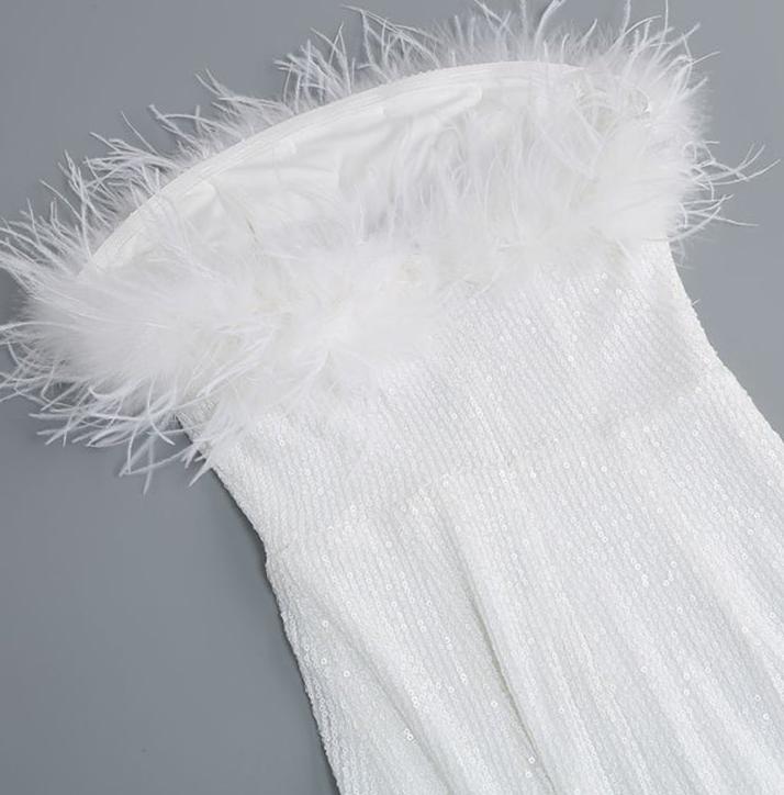 DOLLY White Feather Tube Top Sequin Slim Fit Long Dress-STEPH