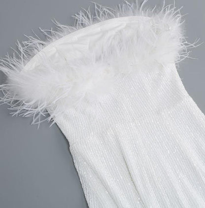 DOLLY White Feather Tube Top Sequin Slim Fit Long Dress-STEPH