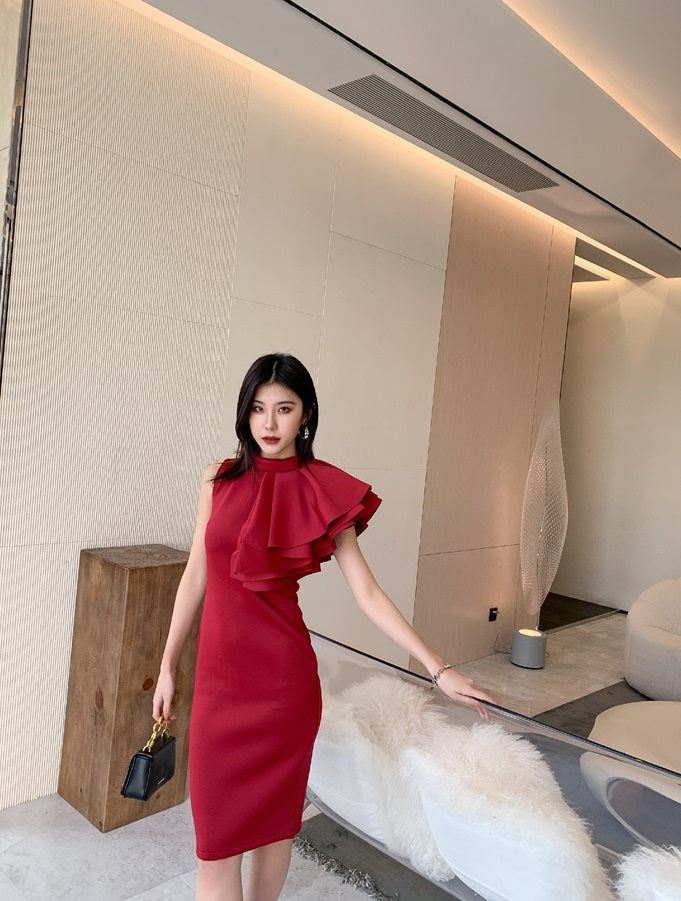 DOLLY High End Retro Style Sleeveless Ruffle Slim Fit Midi Church Dress-RAIN