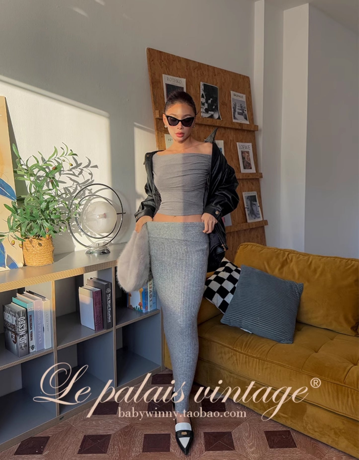 Le Palais Vintage Autumn/Winter Gray Wool Knit Wrap Long Skirt-FERA