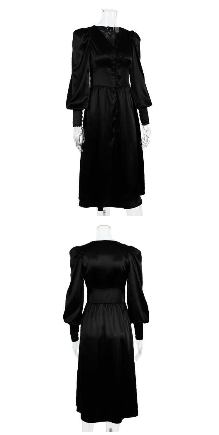 DOLLY Elegant V-Neck Long Lantern Sleeve Long Button Church Dress-NANA