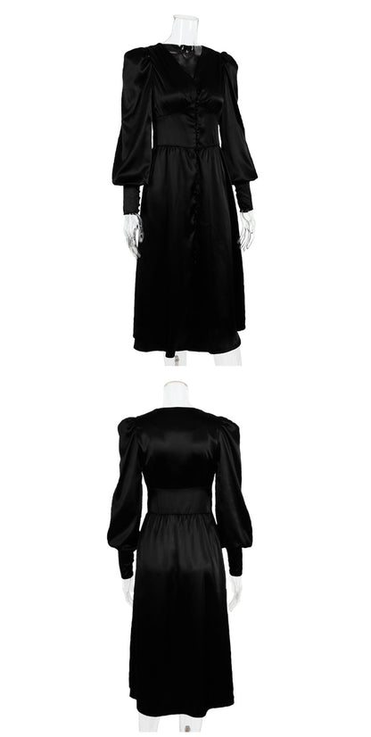 DOLLY Elegant V-Neck Long Lantern Sleeve Long Button Church Dress-NANA