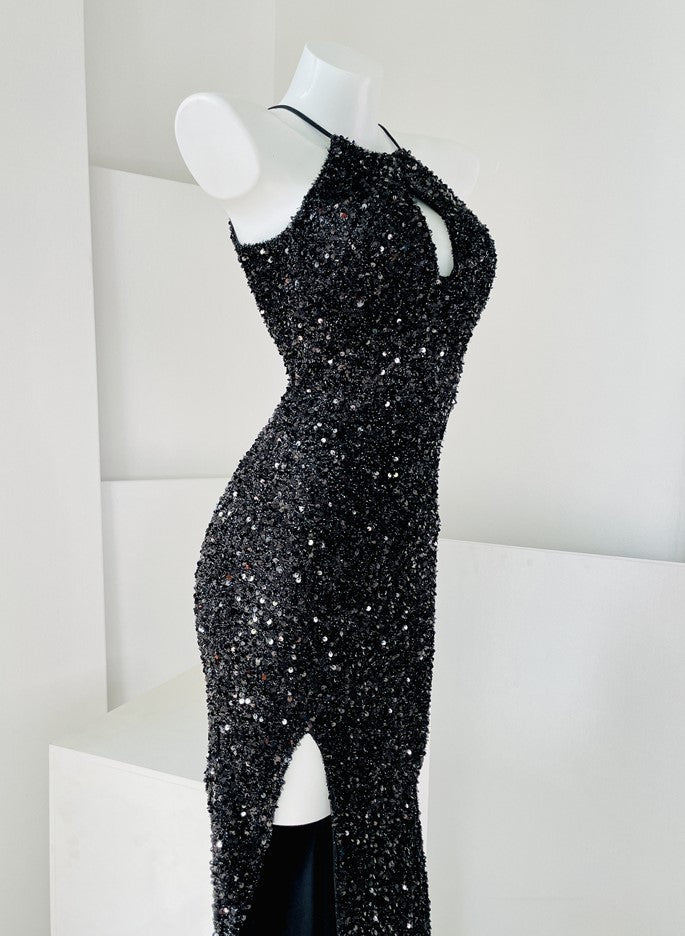 DOLLY Elegant Sleeveless Sequin Halter High Waist Fish Tail Evening Dress-BECCA