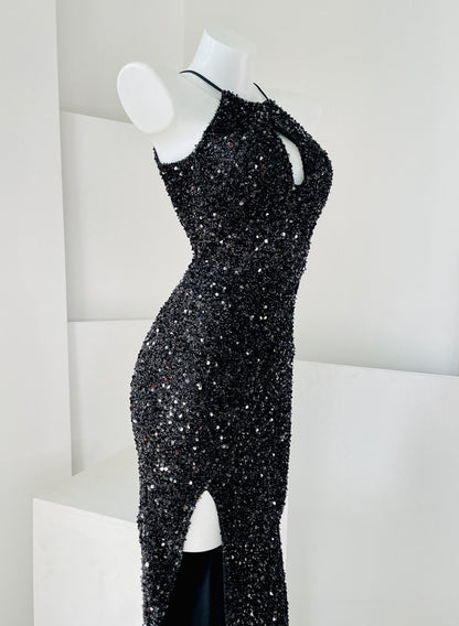 DOLLY Elegant Sleeveless Sequin Halter High Waist Fish Tail Evening Dress-BECCA