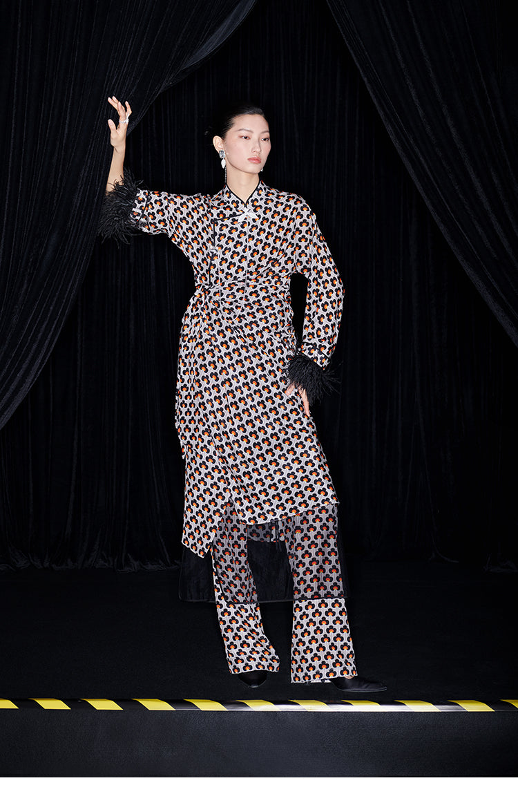 M essential Mackay designer ostrich feather trim dress mesh skirt kaftan dress top set - raj.