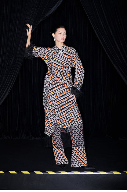 M essential Mackay designer ostrich feather trim dress mesh skirt kaftan dress top set - raj.