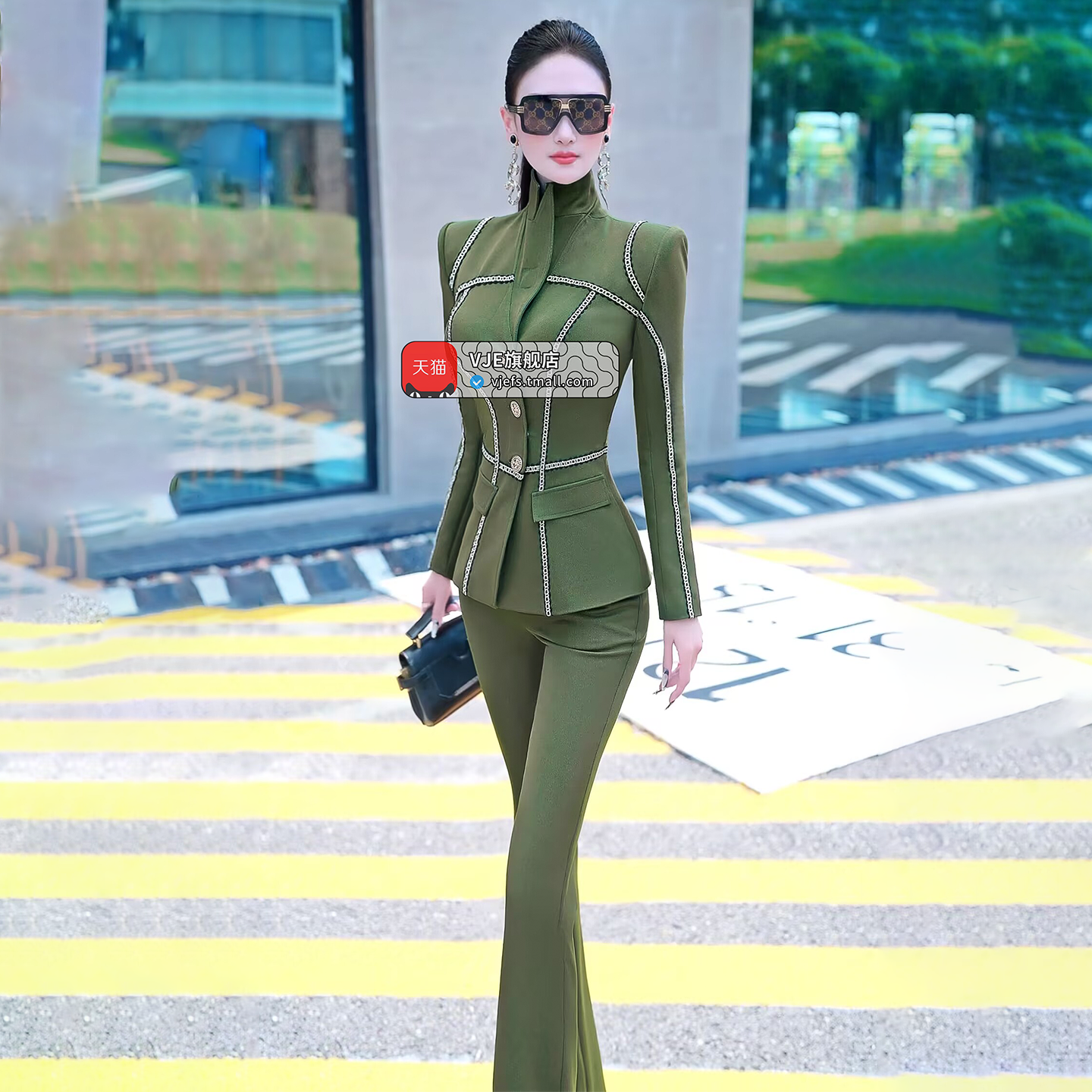 VJE  Denim Suit Webbing Jacket Micro Flared Pants Two-Piece Set - OPO.