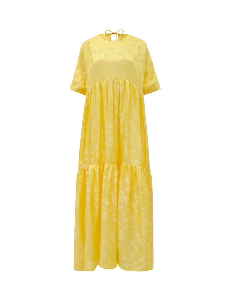 M essential Mackay designer Pine yellow jacquard short-sleeved tower fll dress- Abyn.
