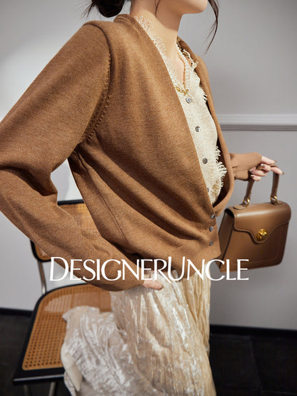 DGU |Caramel Knitted Sweater Silk Fashion Retro Design Light Luxury Niche Top - Josephina.