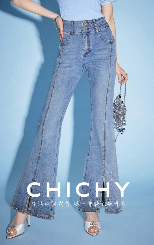 CHICHY French Ladies Blue High-Waisted Hot Diamond Slit Micro Flared Pants-MIJI