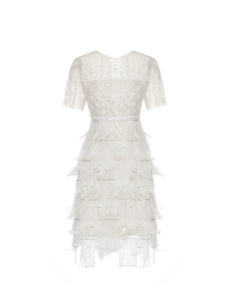 Wardrobes by Chen High End White Fringe Feather Sequin bridal Dress-Ponny