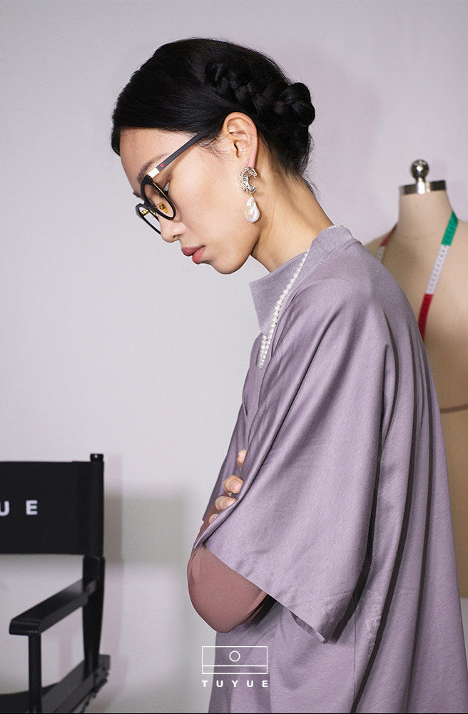 TUYUE lilac purple turtleneck silhouette short-sleeved T-shirt- JAQUE.