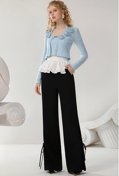 CHECOCRE Chic Three-dimensional Blue Flowers Wool Cardigan Two-piece  - CARE