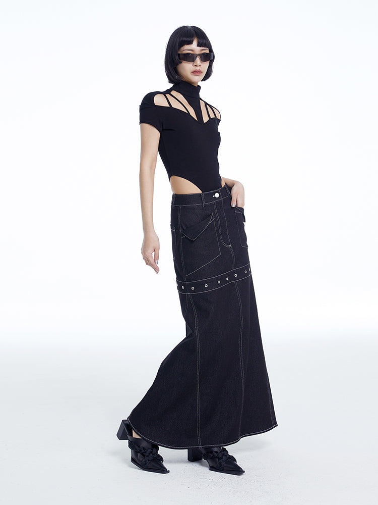 TINY IN black denim women's long a-line skirt -SALEM