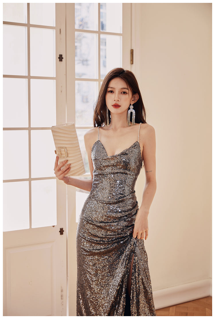 DOLLY High End V-Neck Sleeveless Long Slit Sequin Body Hug Evening Dress-KIM