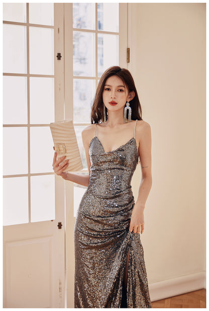 DOLLY High End V-Neck Sleeveless Long Slit Sequin Body Hug Evening Dress-KIM