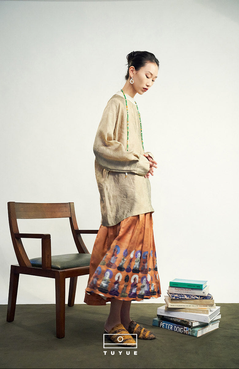 TUYUE Dunhuang Mural Print Satin Pleated Skirt- ELLA.