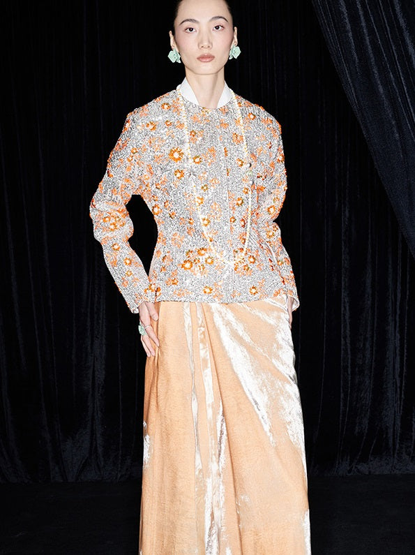 M essential Mackay designer vermilion persimmon embroidered waist silhouette short coat - PISSY.