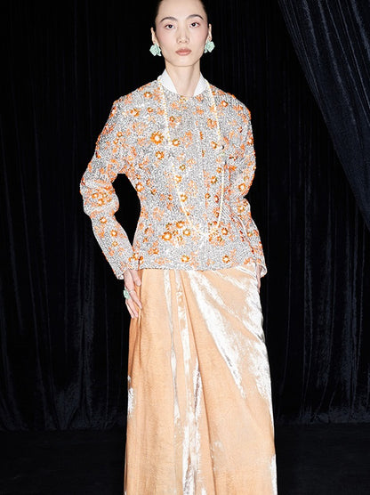 M essential Mackay designer vermilion persimmon embroidered waist silhouette short coat - PISSY.