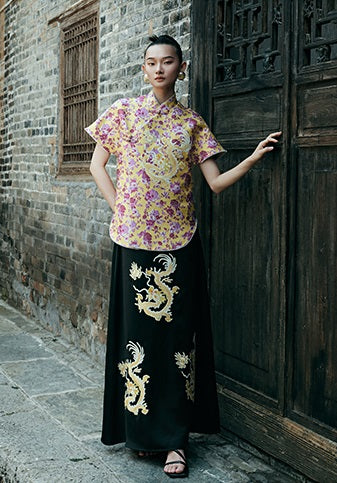 HECO Chinese style golden dragon embroidery short-sleeved placket buttoned shirt - QAND.