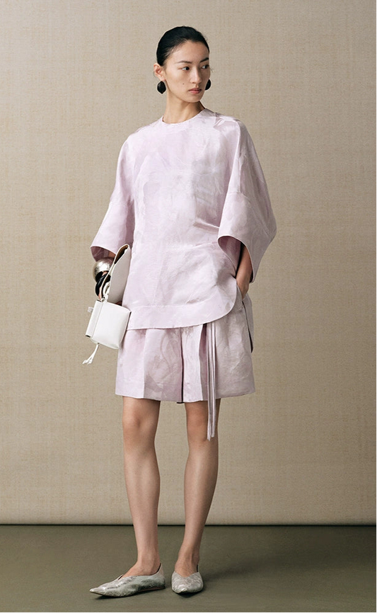 ZHUCHONGYUN pink glossy top and pleated skirt outfit set-GRAY.