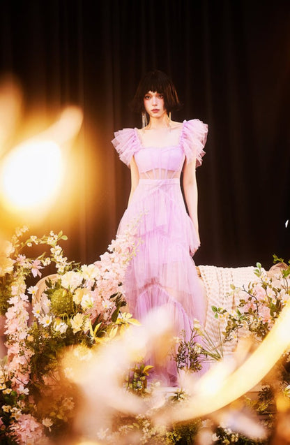 DOLLY High End Square Collar Short Ruffle Sleeves High Waist French Style Dress-MARIANA