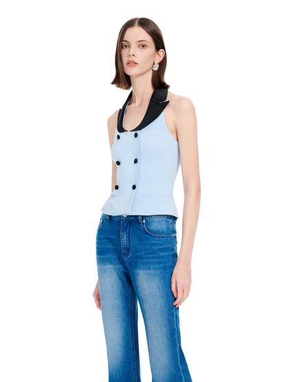 YES BY YESIR | Ye Qians Deconstructed U-Neck Navy Vest with Silhouette - MARILISE.