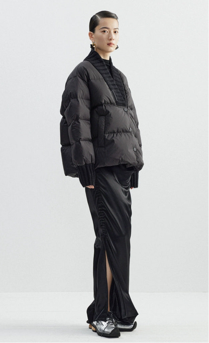 ZHUCHONGYUN black ribbed collar short puffer jacket-FULLBUSTER.