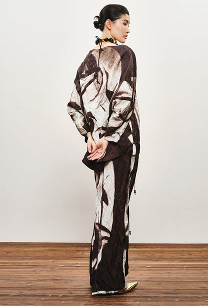 ZHUCHONGYUN Autumn Stork Leaf Slit Drawstring Skirt--YATO.