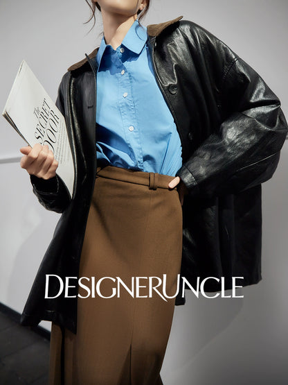 DGU "Obsidian Black" black leather jacket Haining sheepskin versatile top - Eric.