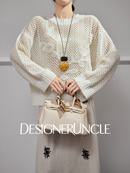 DGU|White sweater new loose design niche pullover light luxury hollow knitted top - BEHOLD.
