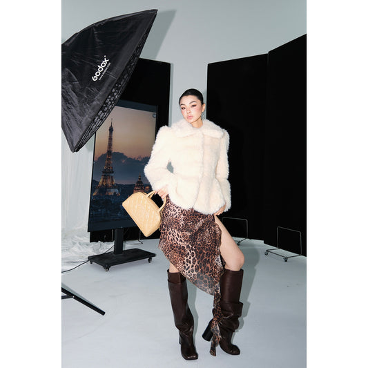 MEI SANGUAN beige retro fur short single-breasted top coat - AUSTIN