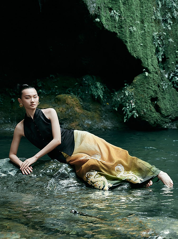 HECO Chinese blended gradient golden dragon embroidered straight skirt - RELY.