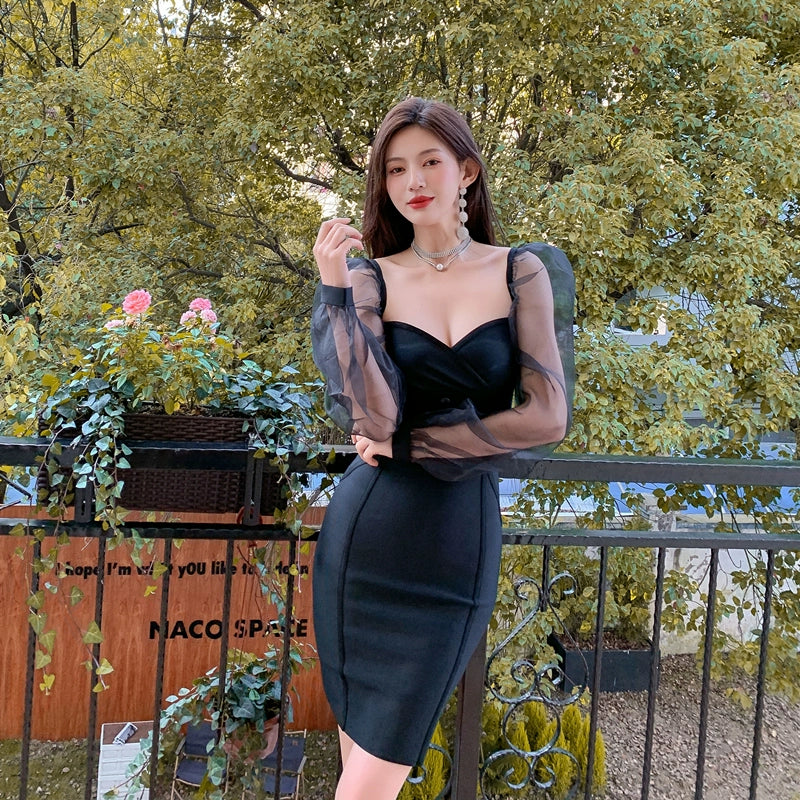 DOLLY Elegant White/Black V-Neck Mesh Long Puff Sleeve Slim Fit Dress-HAN