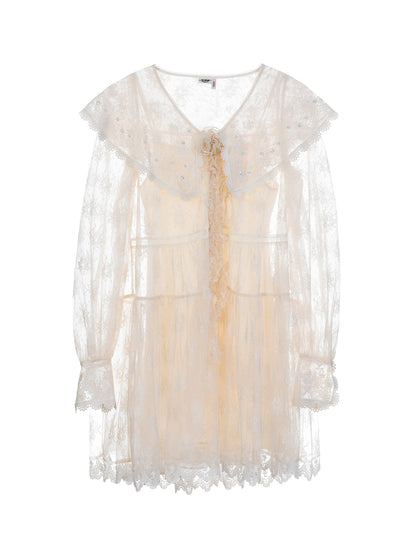 FAME V-Neck Embroidered Lace Shawl Neck Short Dress - JADE.