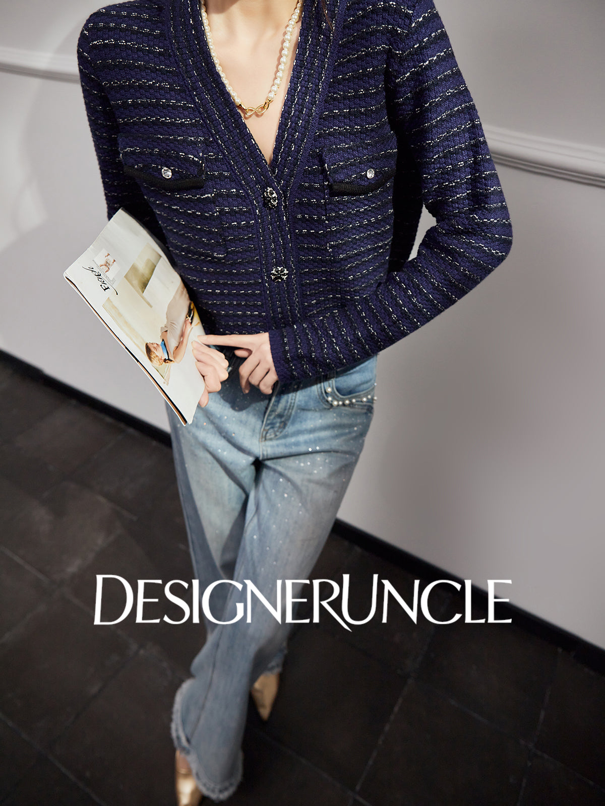 DGU "Ink Room" royal blue knitted sweater small fragrance temperament versatile top - Robert.