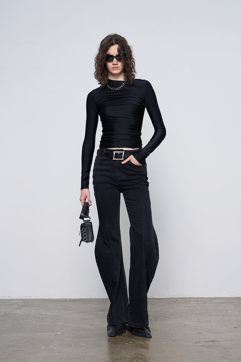 ANNAKIKI black pleated texture long-sleeved  top for women-VENUS