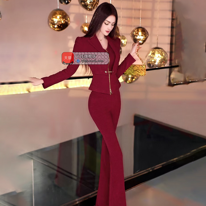 VJE velvet top flared pants two-piece set women's OL suit-FLORA.