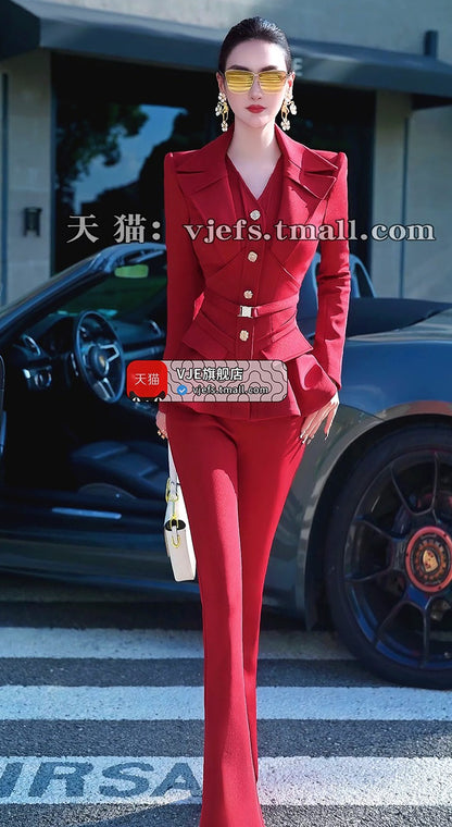 VJE Jacket High-Waisted Flared Pants Two-Piece Set - DAMO.