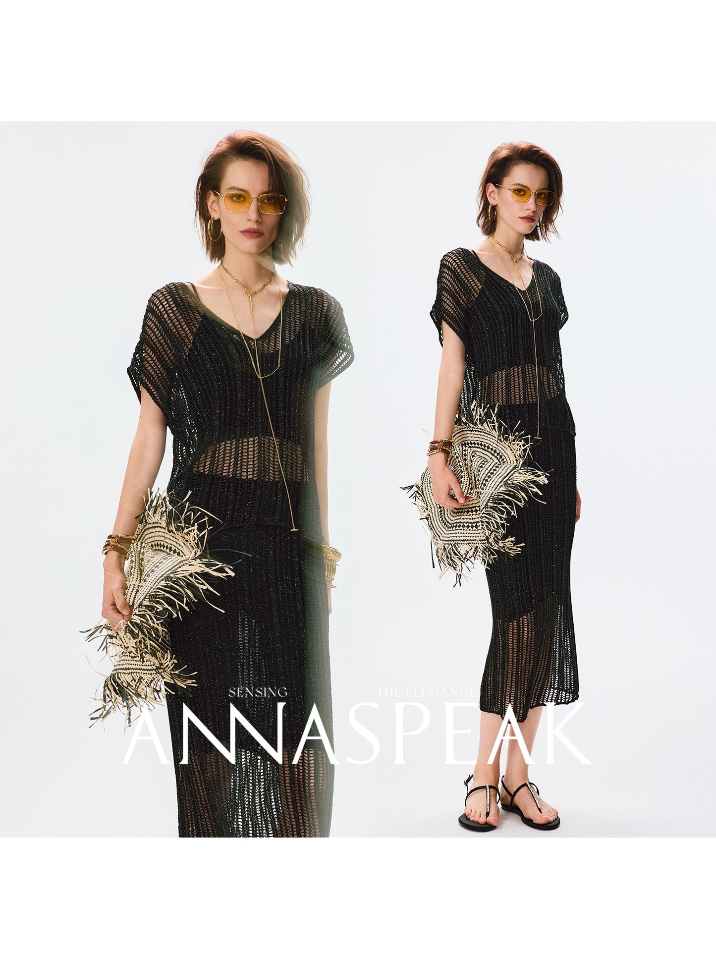 ANNASPEAK Lightweight and breathable cut-out fine glitter top skirt set summer-TOSE.