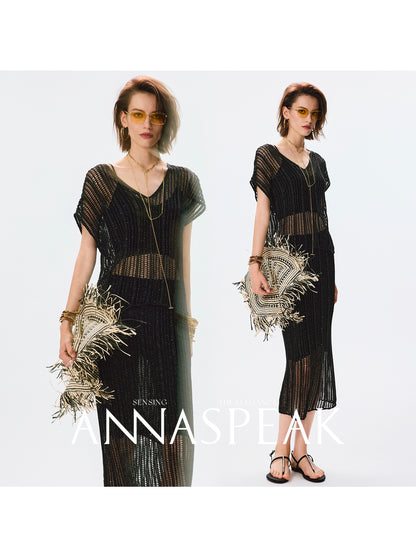 ANNASPEAK Lightweight and breathable cut-out fine glitter top skirt set summer-TOSE.