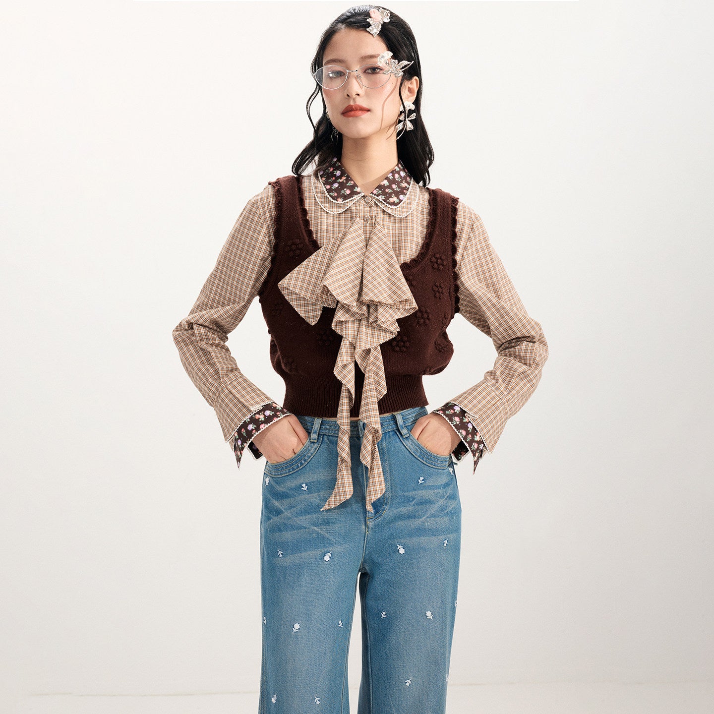 FAME Check Patchwork Vest Fake Two-Piece Knitted Top - DUKE.