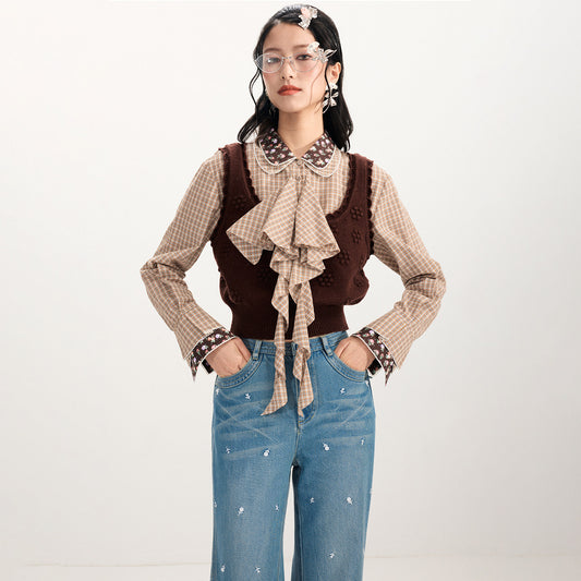 FAME Check Patchwork Vest Fake Two-Piece Knitted Top - DUKE.