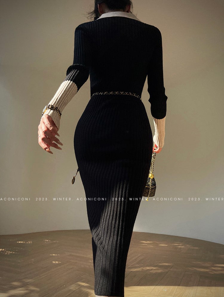 Aconiconi Luxury Polo Collar Long Sleeve Slim Fit Knitted Midi Dress- Paris Old Dream