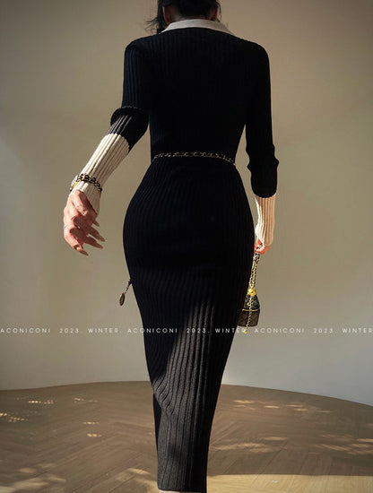 Aconiconi Luxury Polo Collar Long Sleeve Slim Fit Knitted Midi Dress- Paris Old Dream