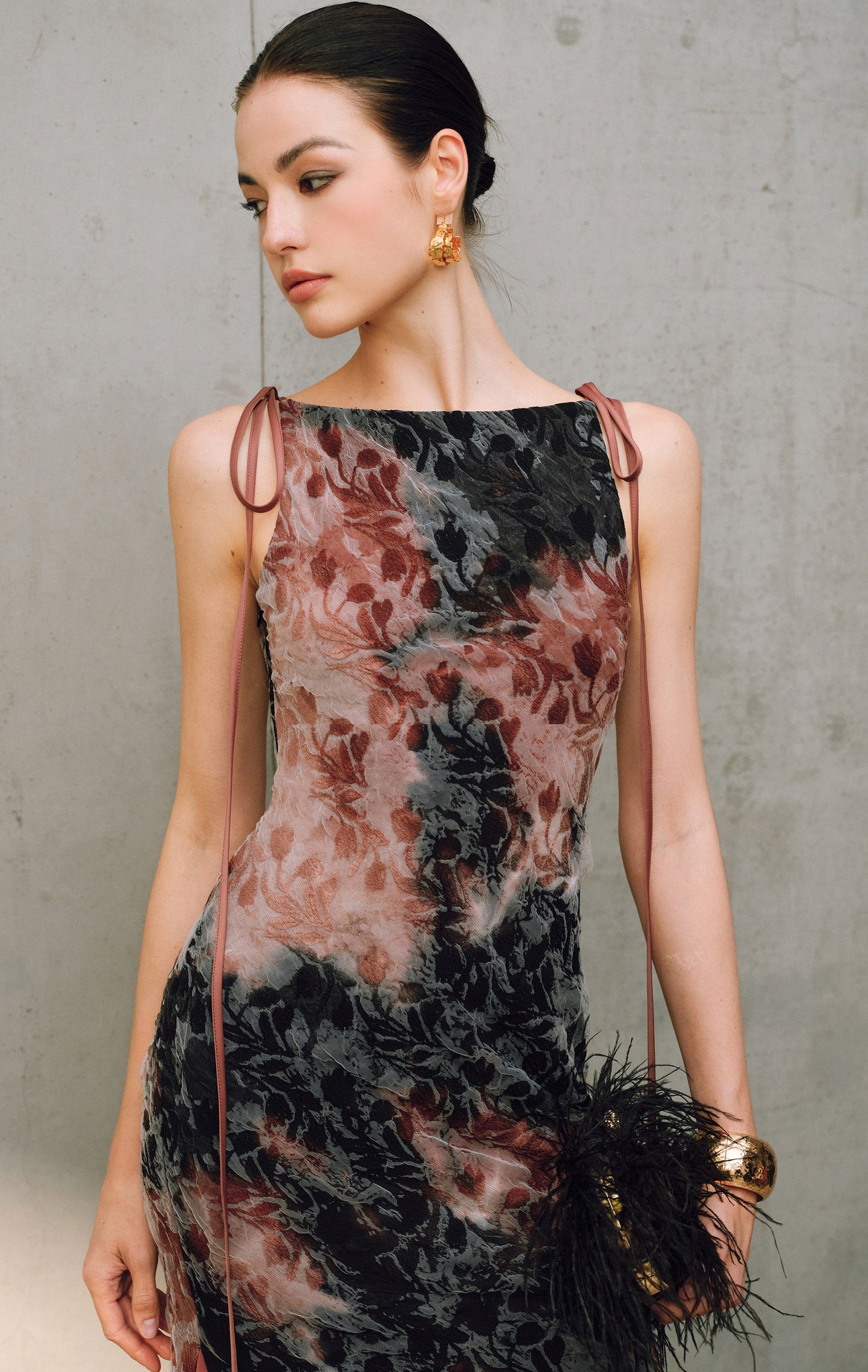 WANGXO | Artistic Ink Smudge Flora Knit Patchwork Contrast Tulle One-Shoulder Fishtail Dress with Flowing Gradient Drama -XINA