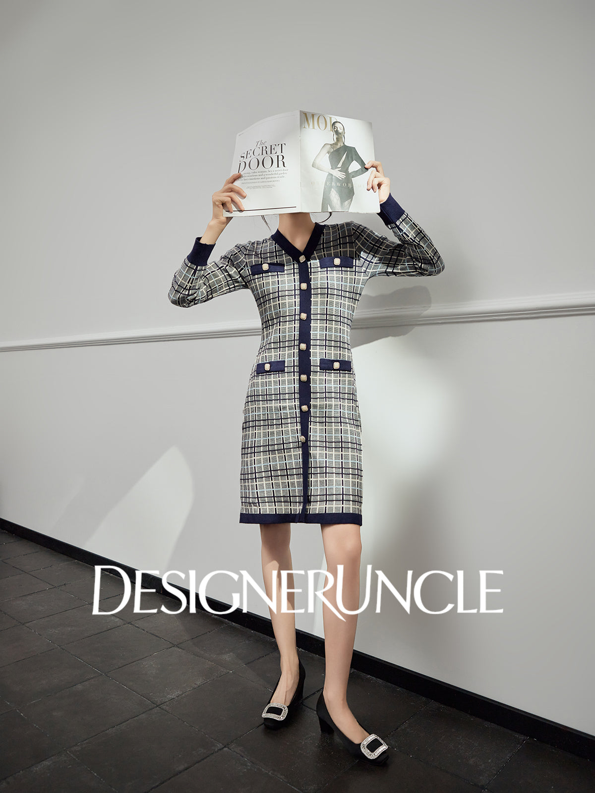 DGU "Lanzhi" royal blue new plaid slimming and versatile long-sleeved skirt - Noah.