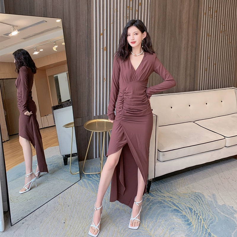 DOLLY Retro Style V-Neck Long Sleeve Pleated Waist Long Slit Dinner Dress-NEYO